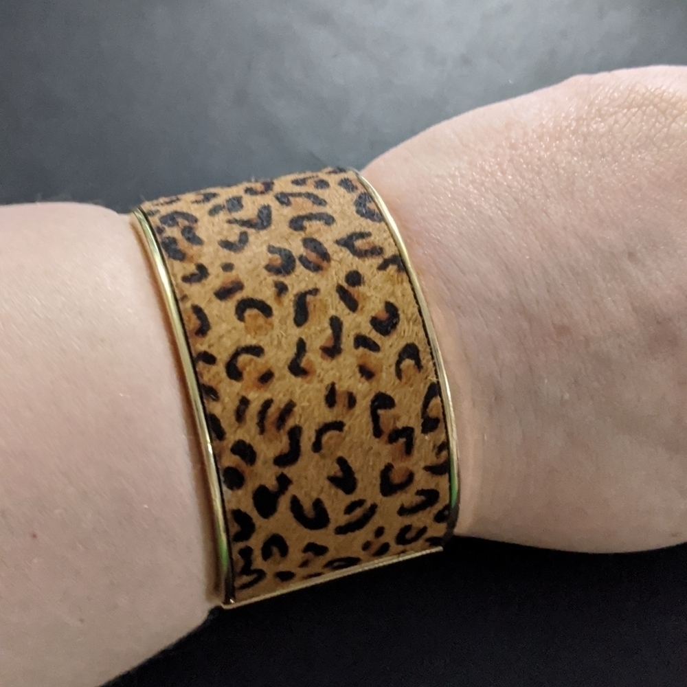 Gold Tone Horsehair / Calf hair Leopard Print Hinged Cuff Statement Bracelet